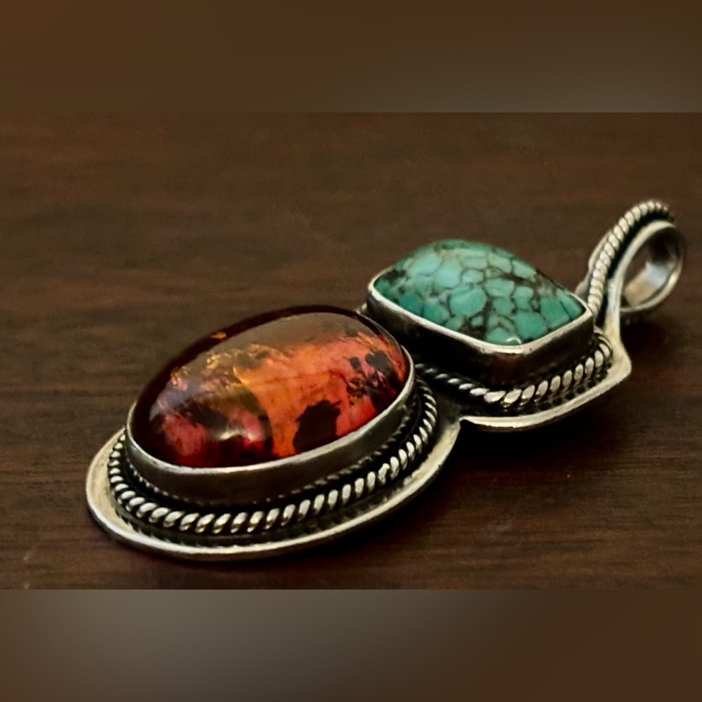 Southwestern 925 PB Sterling Turquoise Amber Gemstone Pendant by Peyote Bird